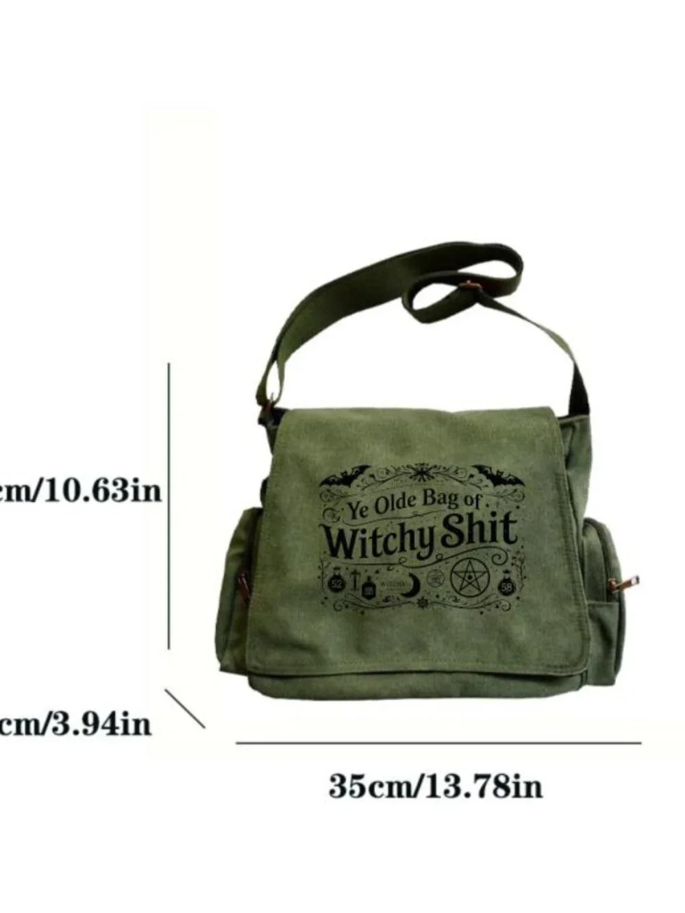 Messenger Bag Large Capacity Retro Tote with Bat and Pentagram Print
